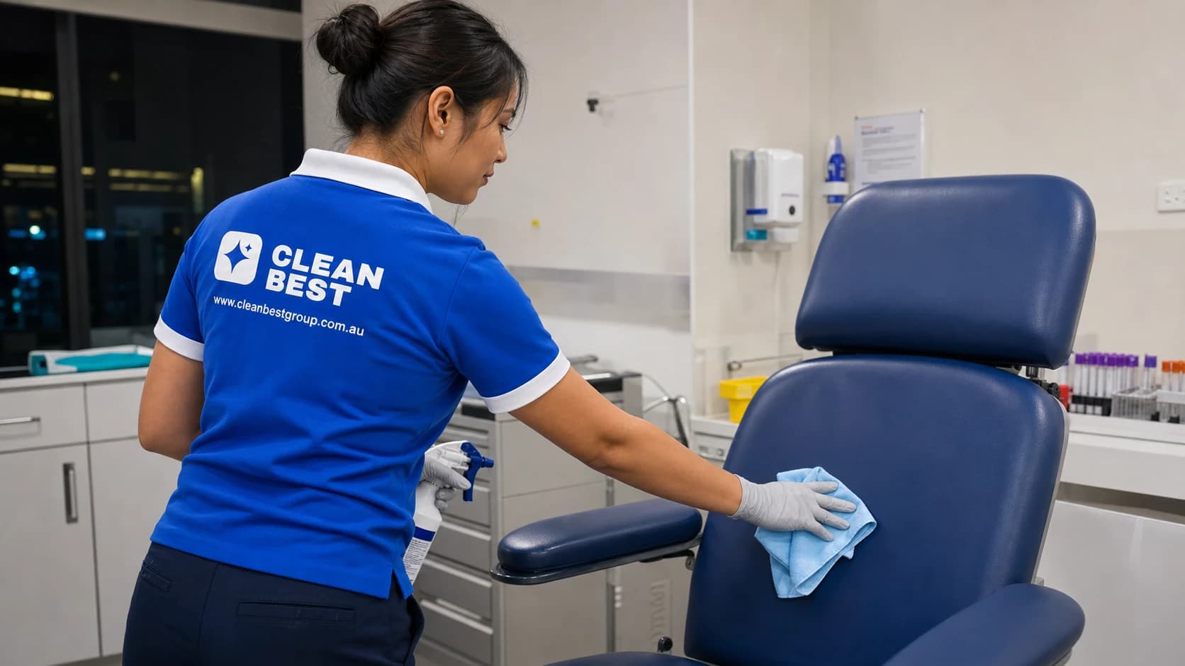Clean Best cleaner disinfecting a consult room bench in a Fairfield medical centre NSW