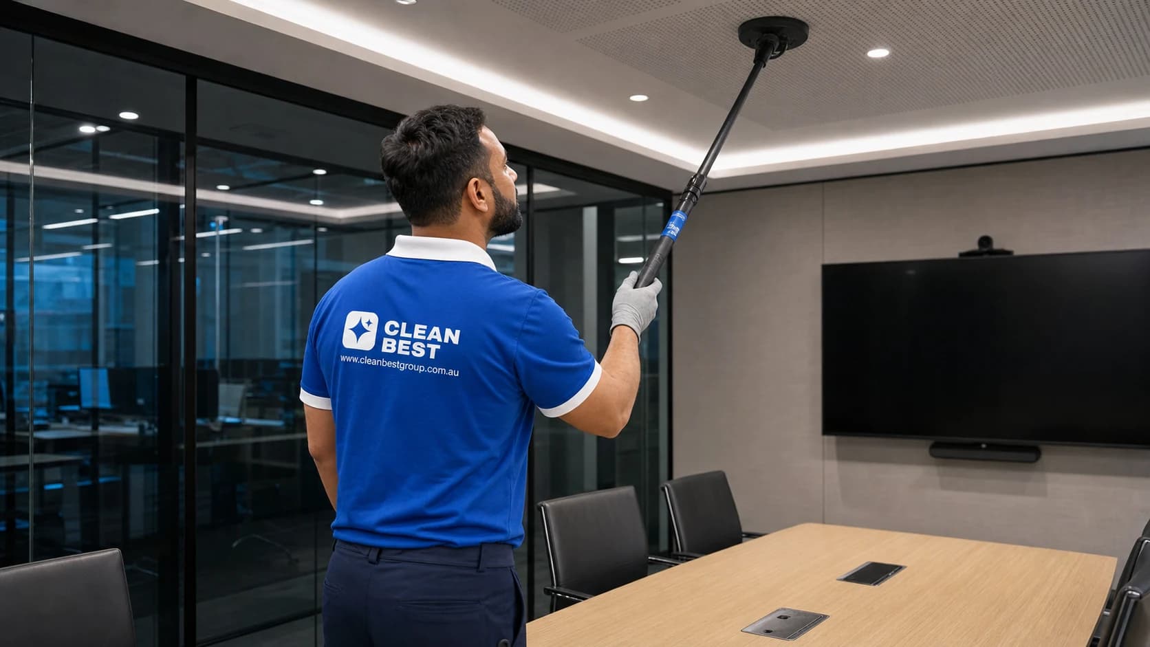 Clean Best cleaner wiping desks in a small town centre office in Fairfield NSW