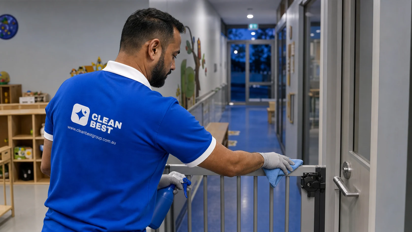 Clean Best cleaner sanitising a play mat in a Fairfield childcare centre NSW