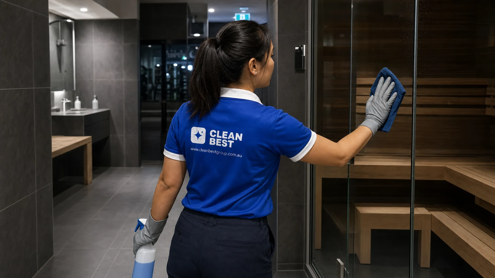 Clean Best cleaner wiping gym equipment before opening in Fairfield NSW