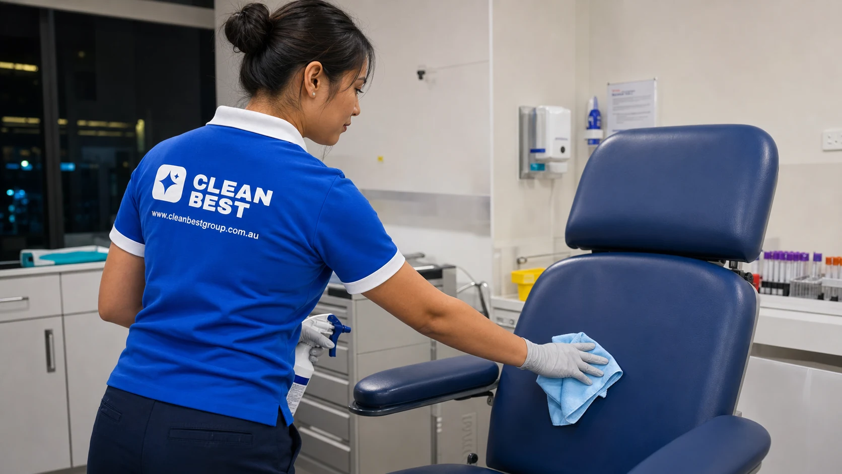 Clean Best cleaner disinfecting a consult room bench in a Fairfield medical centre NSW
