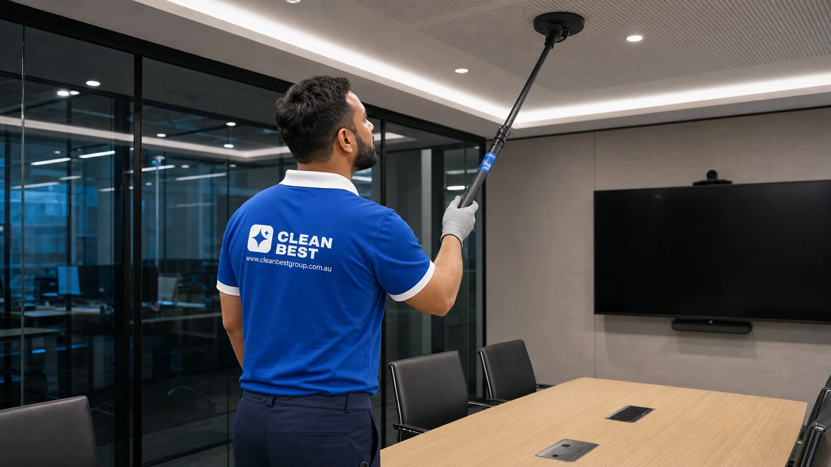 Clean Best cleaner wiping desks in a small town centre office in Fairfield NSW