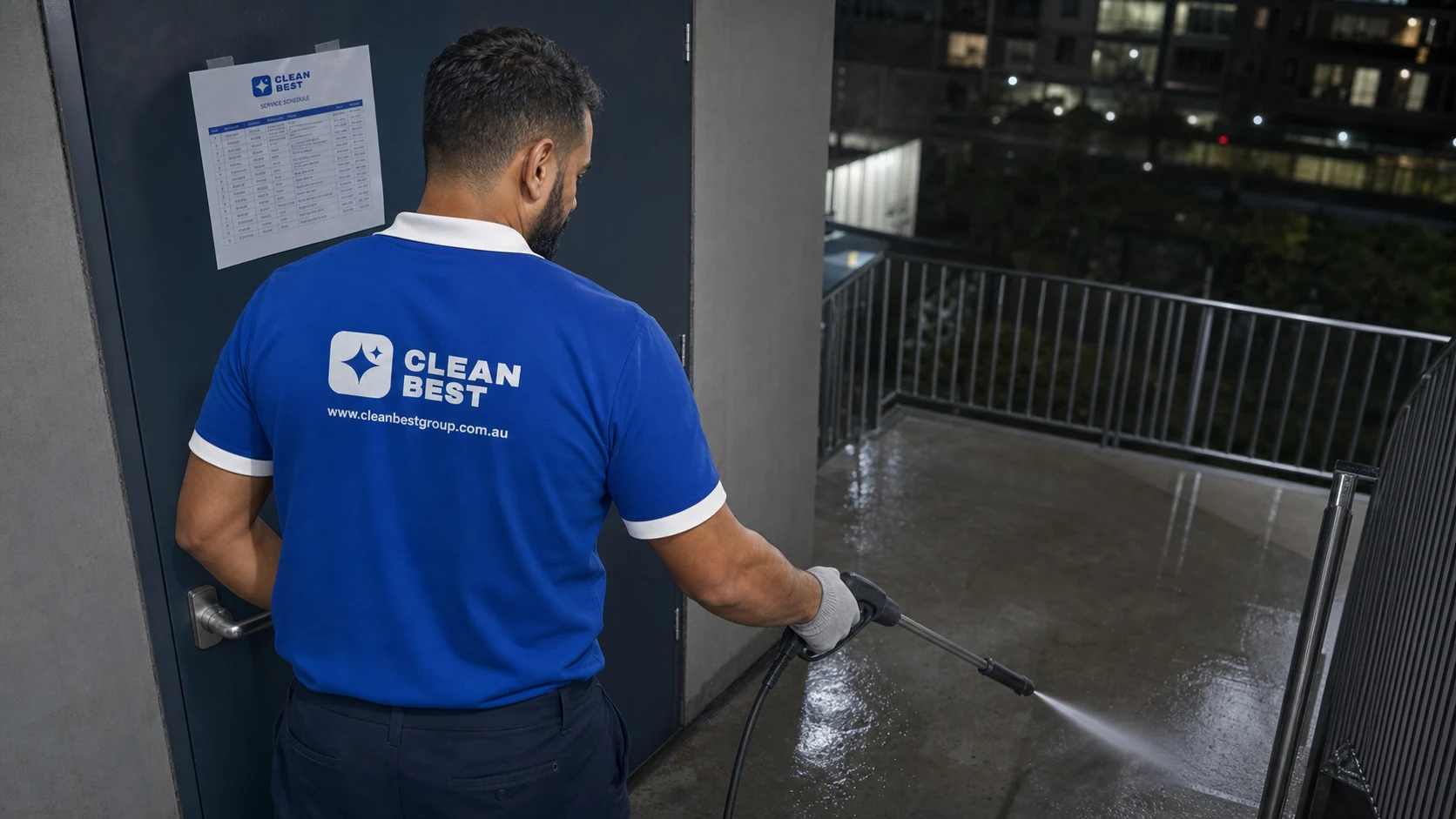 Clean Best cleaner mopping an apartment building foyer above a shop in Fairfield NSW