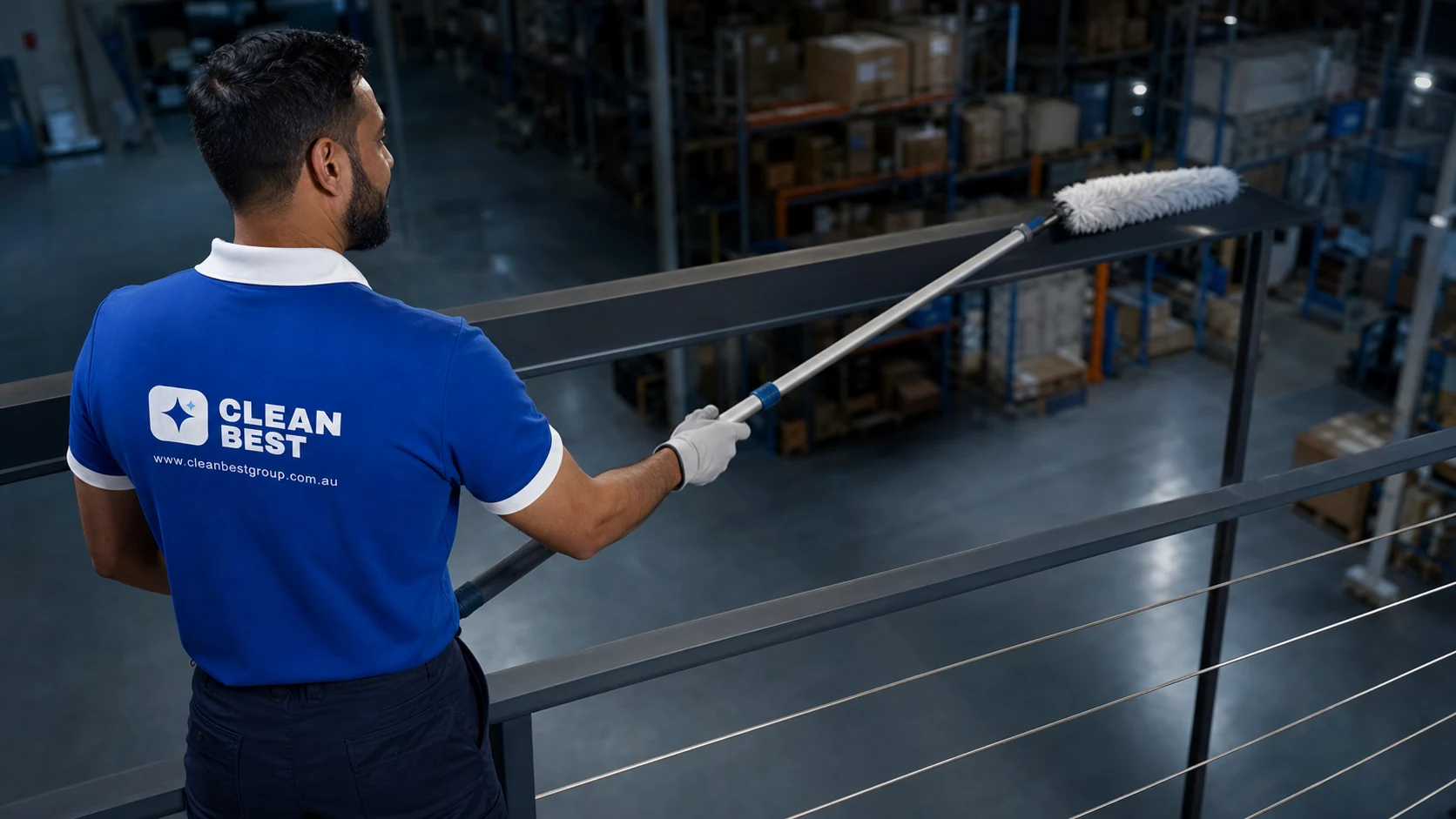 Clean Best operator scrubbing a stockroom floor behind a shop in Fairfield NSW